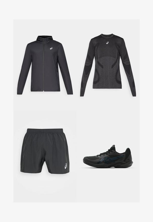 Veste légère noire avec capuche, fermeture éclair sur le devant, manches longues et petit logo sur la poitrine. Tissu lisse et résistant à l'eau.; Haut de sport à manches longues en gris foncé, avec des accents de design texturé en gris clair. Encolure ronde avec logo sur la poitrine.; ASICS CORE SHORT - Short de sport - graphite grey; ASICS SOLUTION SPEED FF 3 CLAY - Chaussures de tennis pour terre-battueerre battue - black/prism blue