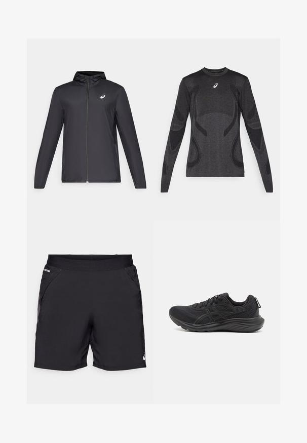 Musta kevyt takki hupulla, edessä vetoketju, pitkät hihat ja pieni logo rinnassa. sileä, vettä hylkivä kangas.; Pitkähiha urheilu toppi tummanharmaana, jossa on tekstuurisia design-yksityiskohtia vaaleammassa harmaassa. Pyöreä kaula-aukko ja logo rinnassa.; Mustat urheilushortsit, jotka on valmistettu kevyestä kankaasta. Shortsissa on kaksi sivutaskua, joustava vyötärö ja pieni logoyksityiskohta alahelassa.; Mustat urheilukengät, jotka on valmistettu verkko- ja synteettisistä materiaaleista. Tässä kengässä on teksturoitu päällinen, nauhakiinnitys ja pehmustettu pohja, jossa on vetotappi.