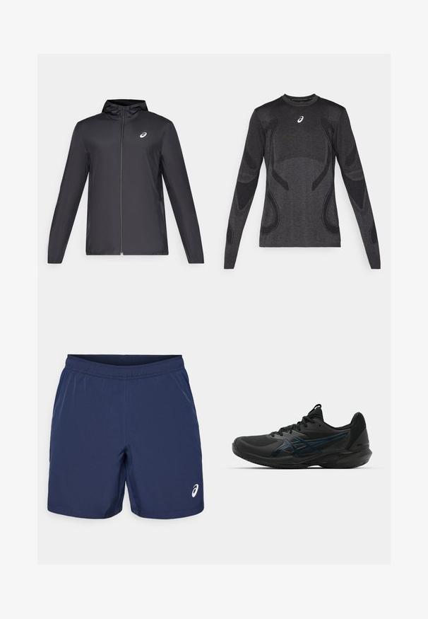 Chaqueta ligera negra con capucha, cierre frontal, mangas largas y un pequeño logo en el pecho. Tela suave y resistente al agua.; Camiseta deportiva de manga larga en gris oscuro, con acentos de diseño texturizado en un gris más claro. Cuello redondo con logotipo en el pecho.; Pantalones cortos deportivos azul marino con cintura elástica, fabricados en una suave tela sintética, y un acento de logotipo blanco en la parte inferior izquierda.; ASICS SOLUTION SPEED FF 3 CLAY - Zapatillas de tenis para tierra batida - black/prism blue