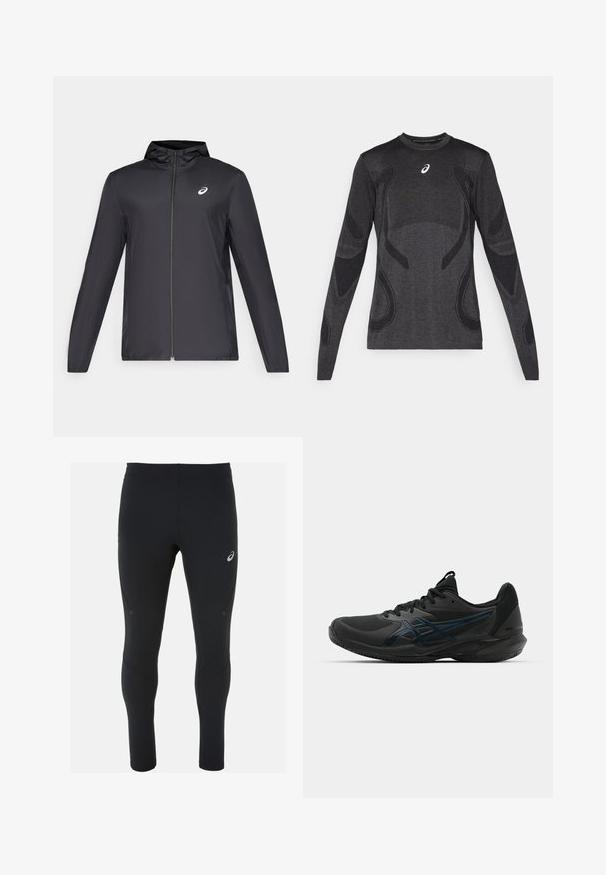 Zwarte lichtgewicht jas met een capuchon, rits aan de voorkant, lange mouwen en een klein logo op de borst. Glad, waterafstotend materiaal.; Langarm atletisch T-shirt in donkergrijs, met textuuraccenten in lichter grijs. Ronde halslijn met logo op de borst.; ASICS ROAD WINTER - Hardlooplegging - performance black; ASICS SOLUTION SPEED FF 3 CLAY - Tennisschoenen voor kleibanen - black/prism blue