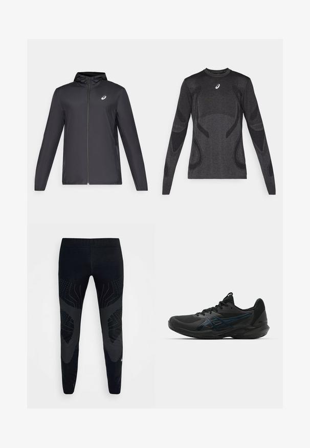 Černá lehká bunda s kapucí, předním zipem, dlouhými rukávy a malým logem na hrudi. Hladká, voděodolná tkanina.; Dlouhý rukáv sportovní top v tmavě šedé barvě, s texturovanými designovými akcenty v světle šedé. Kulatý výstřih s logem na hrudi.; Černé sportovní legíny s texturovaným panelem s geometrickým vzorem a výřezovými detaily. Elastický pas pro pohodlné držení.; ASICS SOLUTION SPEED FF 3 CLAY - Tenisové boty na antuku - black/prism blue
