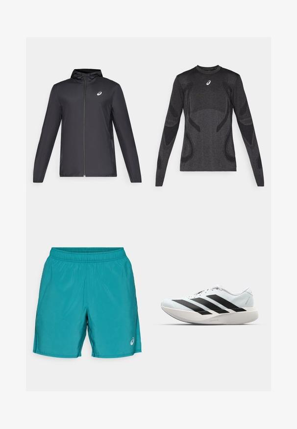 Casaco leve preto com capuz, fecho frontal, mangas longas e um pequeno logotipo no peito. Tecido suave e resistente à água.; Camisa desportiva de mangas longas em cinza escuro, com detalhes texturizados em cinza mais claro. Gola redonda com logótipo no peito.; Calções de desporto em turquesa com cinta elástica, bolsos nas costuras laterais e um logótipo refletor na parte inferior da perna direita. Tecido suave e leve.; Tênis de corrida leves em azul pálido com riscas pretas. Apresentam um cabedal liso, bico redondo e uma entressola espessa branca rotulada como "LIGHTSTRIKE PRO."