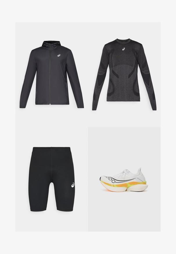 Juodas lengvas džemperis su gobtuvu, priekiniais užtrauktukais, ilgomis rankovėmis ir mažai logo ant krūtinės. Lygi, vandeniui atspari medžiaga.; Ilgaespalvi atletinio stiliaus marškinėliai tamsiai pilkos spalvos, su tekstūruotais dizaino akcentais šviesiai pilkoje spalvoje. Apvalus iškirpimas ir logotipas ant krūtinės.; Juodi sportiniai šortai su glotnia tekstūra, prigludusia forma ir baltu logotipu kairėje pusėje. Nėra matomų kišenių ar metalinių detalizacijų.; Balti bėgimo batai su tekstūruotu tinkleliu, juodu swoosh dizainu ir spalvingu, sluoksniuotu padu su oranžiniais ir geltonais akcentais.