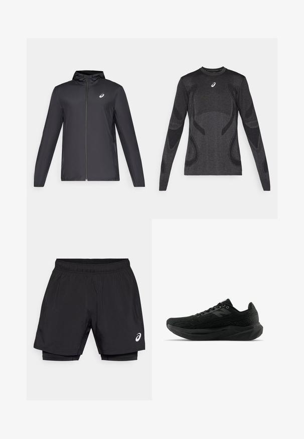 Jachetă ușoară neagră cu glugă, fermoar frontal, mâneci lungi și un mic logo pe piept. Material neted și rezistent la apă.; Tricou sportiv cu mâneci lungi, de culoare gri închis, având detalii texturate în gri deschis. Guler tip crew cu logo pe piept.; Shorts atletici negri cu talie elastică, având un strat exterior ușor și o captuseală de compresie integrată. Detaliu mic cu logo pe lateral.; Pantoful sportiv negru, cu un material texturat, având un design elegant, sistem de închidere cu șireturi și o talpă mai groasă, cu un profil texturat pentru o aderență îmbunătățită.