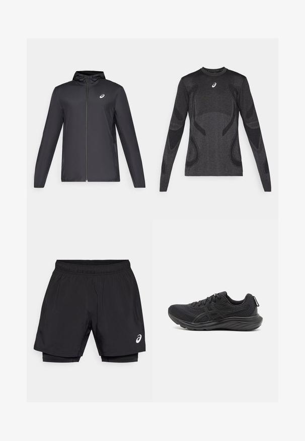 Schwarze, leichte Jacke mit Kapuze, Frontreißverschluss, langen Ärmeln und kleinem Logo auf der Brust. Glattes, wasserabweisendes Material.; Langärmliges Sportoberteil in Dunkelgrau mit strukturierten Designelementen in Hellgrau. Rundhalsausschnitt mit Logo auf der Brust.; Schwarze Sportshorts mit elastischem Bund, ausgestattet mit einer leichten Außenschicht und integrierter Kompressionsunterlage. Kleines Logo-Detail an der Seite.; Schwarze Sportschuhe aus Netz- und synthetischen Materialien, mit einer strukturierten Oberseite, Schnürdesign und einer gepolsterten Sohle mit einer Zuglasche.