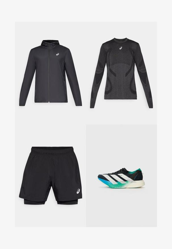 Czarna, lekka kurtka z kapturem, z zamek błyskawicznym z przodu, długimi rękawami i małym logo na klatce piersiowej. Gładki, wodoodporny materiał.; Długi rękaw sportowy top w ciemnoszarym kolorze, z teksturowanymi akcentami w jaśniejszym odcieniu szarości. Okrągły dekolt z logo na klatce piersiowej.; Czarne sportowe szorty z elastycznym paskiem w talii, z lekką zewnętrzną warstwą i wbudowaną podszewką kompresyjną. Mały detal z logo po boku.; Czarne buty sportowe z białymi paskami, akcentami w kolorze zieleni morska i gradientową podeszwą w odcieniach niebieskiego i zielonego. Lekka konstrukcja z fakturowaną cholewką.