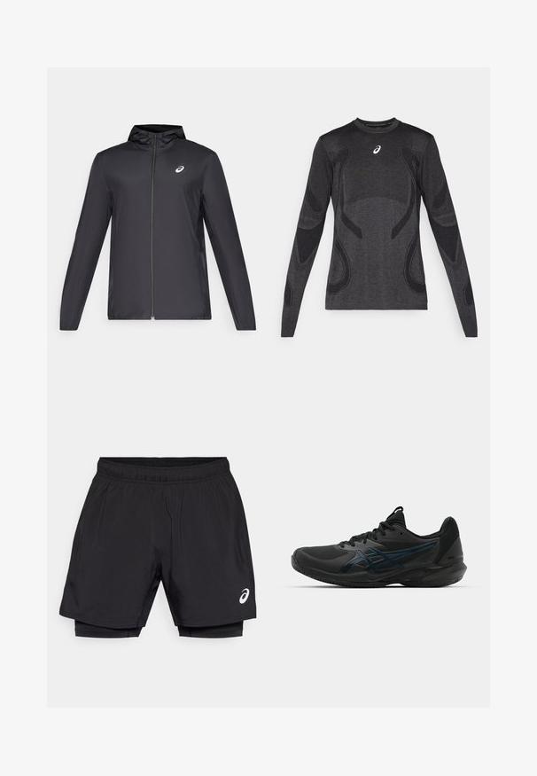 Schwarze, leichte Jacke mit Kapuze, Frontreißverschluss, langen Ärmeln und kleinem Logo auf der Brust. Glattes, wasserabweisendes Material.; Langärmliges Sportoberteil in Dunkelgrau mit strukturierten Designelementen in Hellgrau. Rundhalsausschnitt mit Logo auf der Brust.; Schwarze Sportshorts mit elastischem Bund, ausgestattet mit einer leichten Außenschicht und integrierter Kompressionsunterlage. Kleines Logo-Detail an der Seite.; ASICS SOLUTION SPEED FF 3 CLAY - Tennisschuh für Sandplätze - black/prism blue