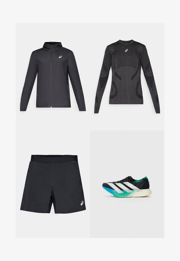 Juodas lengvas džemperis su gobtuvu, priekiniais užtrauktukais, ilgomis rankovėmis ir mažai logo ant krūtinės. Lygi, vandeniui atspari medžiaga.; Ilgaespalvi atletinio stiliaus marškinėliai tamsiai pilkos spalvos, su tekstūruotais dizaino akcentais šviesiai pilkoje spalvoje. Apvalus iškirpimas ir logotipas ant krūtinės.; Juodos sportinės šortai, pagaminti iš lengvos medžiagos, turintys lygią tekstūrą, elastingą juosmenį ir dvi šonines kišenes. Logotipas apačioje dešinėje.; Juoda sportinė avalynė su baltais dryžiais, turkio žalios spalvos akcentais ir mėlynai žaliai pereinančiu padu. Lengvas dizainas su tekstūruota viršūne.