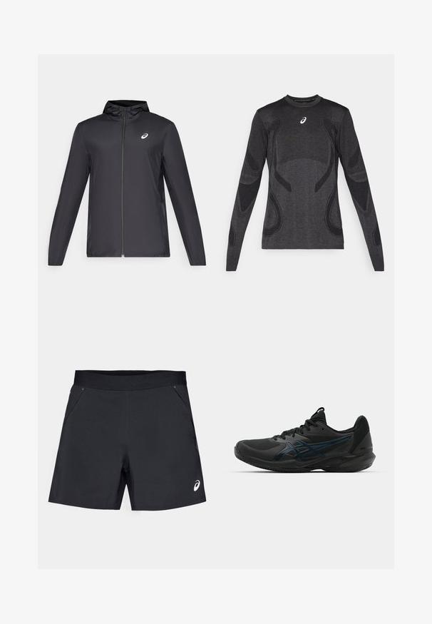 Chaqueta ligera negra con capucha, cierre frontal, mangas largas y un pequeño logo en el pecho. Tela suave y resistente al agua.; Camiseta deportiva de manga larga en gris oscuro, con acentos de diseño texturizado en un gris más claro. Cuello redondo con logotipo en el pecho.; Pantalones cortos deportivos negros, hechos de una tela ligera, con una textura suave, cinturilla elástica y dos bolsillos laterales. Logo en la parte inferior derecha.; ASICS SOLUTION SPEED FF 3 CLAY - Zapatillas de tenis para tierra batida - black/prism blue