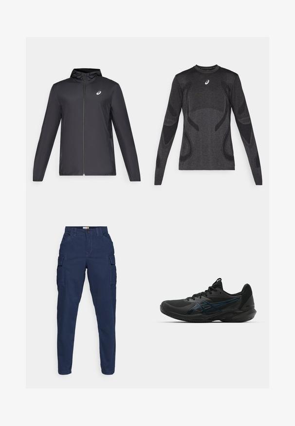 Black lightweight jacket with a hood, front zipper, long sleeves, and a small logo on the chest. Smooth, water-resistant fabric.; Long-sleeved athletic top in dark gray, featuring textured design accents in a lighter gray. Crew neckline with logo on the chest.; Navy blue cargo pants with side pockets, tapered leg design, flat front, and button closure. Made of sturdy fabric, featuring a clean finish.; ASICS SOLUTION SPEED FF 3 CLAY - Clay court tennis shoes - black/prism blue