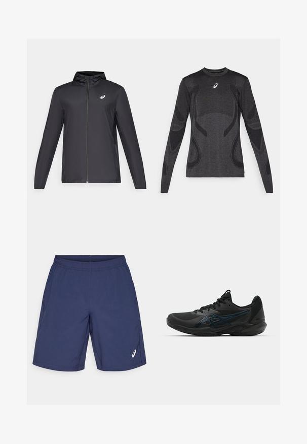 Casaco leve preto com capuz, fecho frontal, mangas longas e um pequeno logotipo no peito. Tecido suave e resistente à água.; Camisa desportiva de mangas longas em cinza escuro, com detalhes texturizados em cinza mais claro. Gola redonda com logótipo no peito.; Calções azul marinho feitos de tecido leve, com um cós elástico e bolsos laterais. Logótipo exibido na parte inferior esquerda.; ASICS SOLUTION SPEED FF 3 CLAY - Sapatilhas para ténis em terra batida - black/prism blue