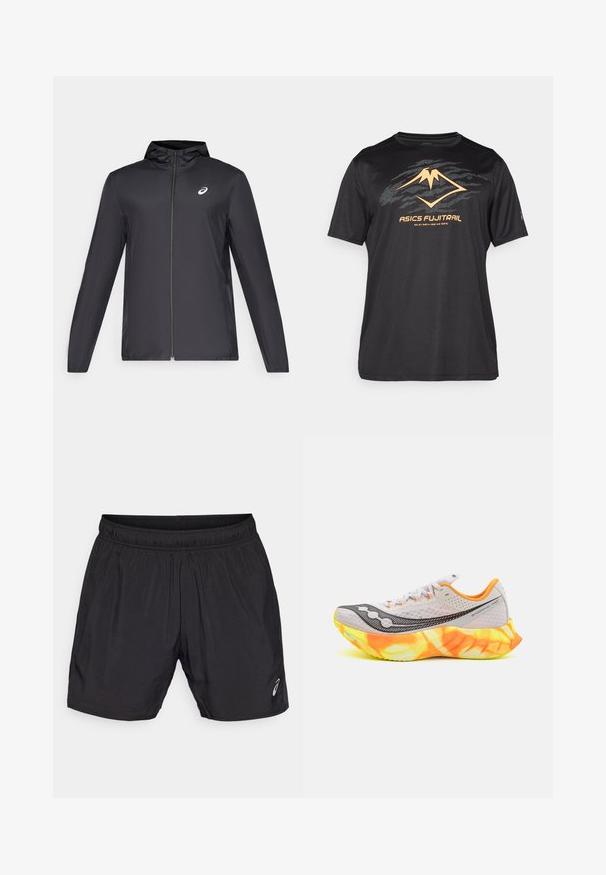 Veste légère noire avec capuche, fermeture éclair sur le devant, manches longues et petit logo sur la poitrine. Tissu lisse et résistant à l'eau.; ASICS FUJITRAIL LOGO TOP - T-shirt de sport - performance black; Shorts de sport noirs en matériau léger, avec une taille élastique et un petit logo sur le bas à gauche.; Chaussure de course avec une tige en mesh gris, des accents noirs et une semelle brillante orange-jaune. Présente une semelle extérieure rembourrée et texturée pour une traction optimale.