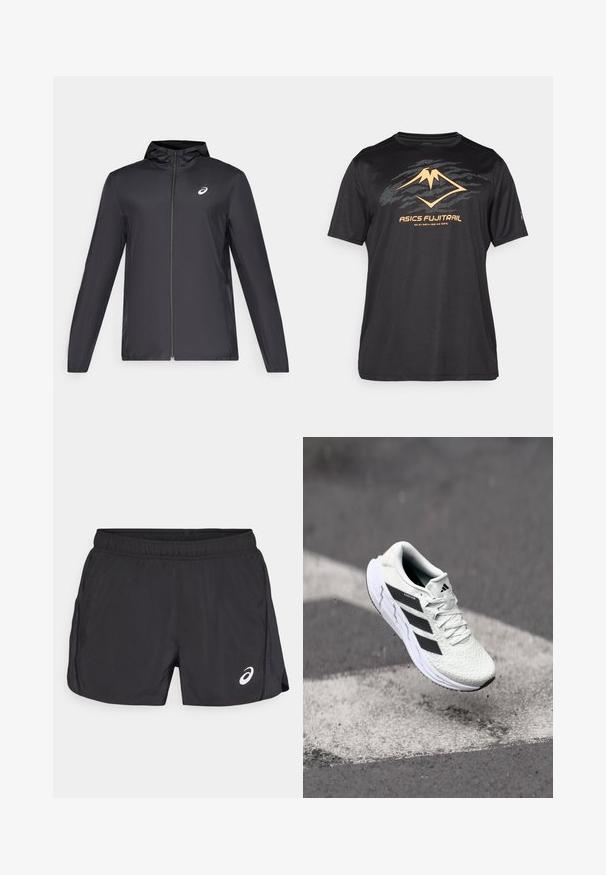 Sort letvægtsjakke med hætte, frontlynlås, lange ærmer og et lille logo på brystet. Glat, vandafvisende stof.; ASICS FUJITRAIL LOGO TOP - Sports T-shirts - performance black; Sorte træningsshorts med elastisk talje, med en sideslids og et hvidt logo i nederste højre del. Letvægts, glat tekstur.; Hvid atletisk sko med tekstureret netoverdel, sorte striber, snørebåndslukning og en polstret sål, som svæver over en markeret vejoverflade.