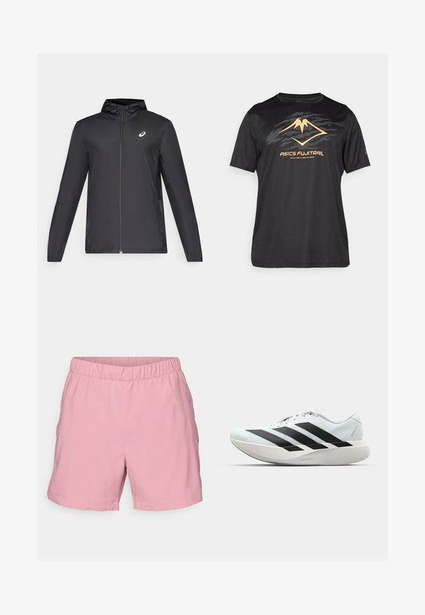 Μαύρο ελαφρύ μπουφάν με κουκούλα, μπροστινό φερμουάρ, μακριά μανίκια και μικρό λογότυπο στο στήθος. Λείο, αδιάβροχο ύφασμα.; ASICS FUJITRAIL LOGO TOP - Αθλητικό μπλουζάκι - performance black; Ροζ σορτς με ελαστική μέση, λεία υφή και άνετη εφαρμογή. Διαθέτει πλαϊνές τσέπες και ίσια στρώση.; Ελαφριά αθλητικά παπούτσια τρεξίματος σε ανοιχτό μπλε με μαύρες ρίγες. Διαθέτουν λείο άνω μέρος, στρογγυλή μύτη και παχύ λευκό ενδιάμεσο πέλμα που φέρει την ετικέτα "LIGHTSTRIKE PRO."