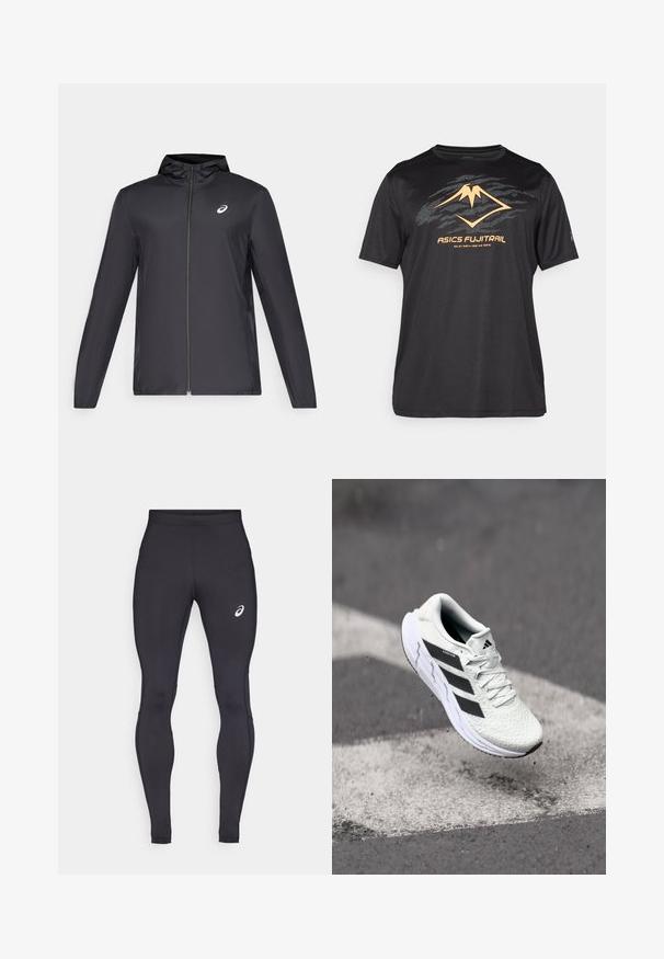 Veste légère noire avec capuche, fermeture éclair sur le devant, manches longues et petit logo sur la poitrine. Tissu lisse et résistant à l'eau.; ASICS FUJITRAIL LOGO TOP - T-shirt de sport - performance black; Leggings de sport noirs en tissu extensible et lisse. Présentent un design ajusté et un petit logo blanc en haut de la cuisse gauche.; Baskets de sport blanches avec un dessus en mesh texturé, des rayures noires, un laçage et une semelle rembourrée, lévitant au-dessus d'une surface de route marquée.