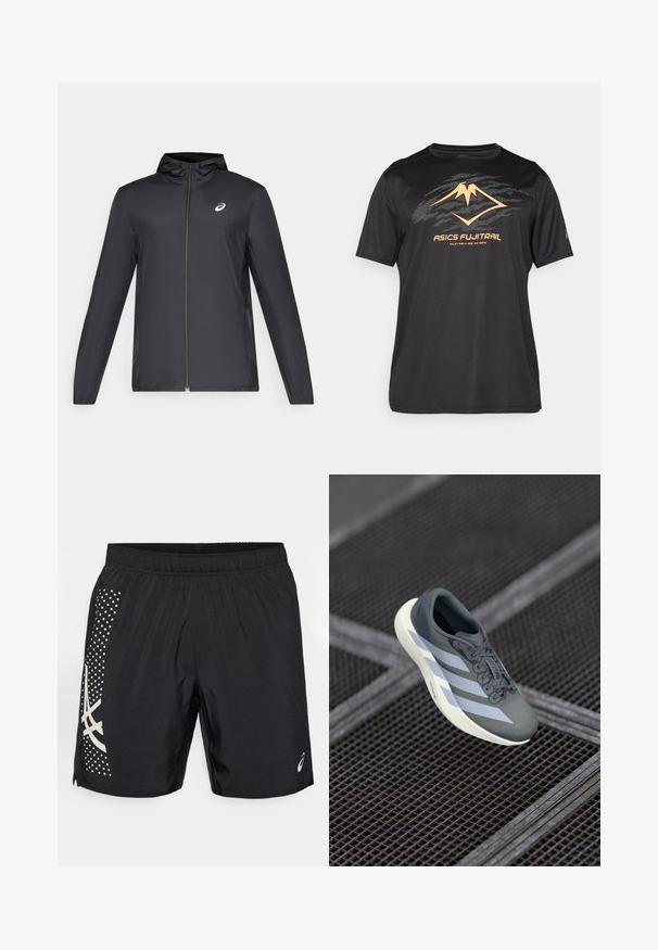 Μαύρο ελαφρύ μπουφάν με κουκούλα, μπροστινό φερμουάρ, μακριά μανίκια και μικρό λογότυπο στο στήθος. Λείο, αδιάβροχο ύφασμα.; ASICS FUJITRAIL LOGO TOP - Αθλητικό μπλουζάκι - performance black; Μαύρα αθλητικά σορτς από ελαφρύ υλικό, με σχεδιασμό από μοτίβο στο πλάι και ελαστική μέση για άνεση.; Αθλητικό παπούτσι σε γκρι και λευκό, κατασκευασμένο από συνθετικό υλικό, με κομψό σχεδιασμό, υφή και έντονο σύστημα δέσιμο.