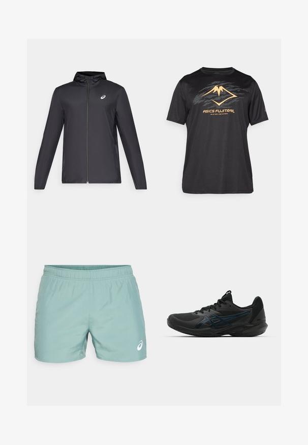 Juodas lengvas džemperis su gobtuvu, priekiniais užtrauktukais, ilgomis rankovėmis ir mažai logo ant krūtinės. Lygi, vandeniui atspari medžiaga.; ASICS FUJITRAIL LOGO TOP - Sportiniai marškinėliai trumpomis rankovėmis - performance black; ASICS CORE SHORT - Sportiniai šortai - celadon; ASICS SOLUTION SPEED FF 3 CLAY - Teniso bateliai molio dangos kortams - black/prism blue
