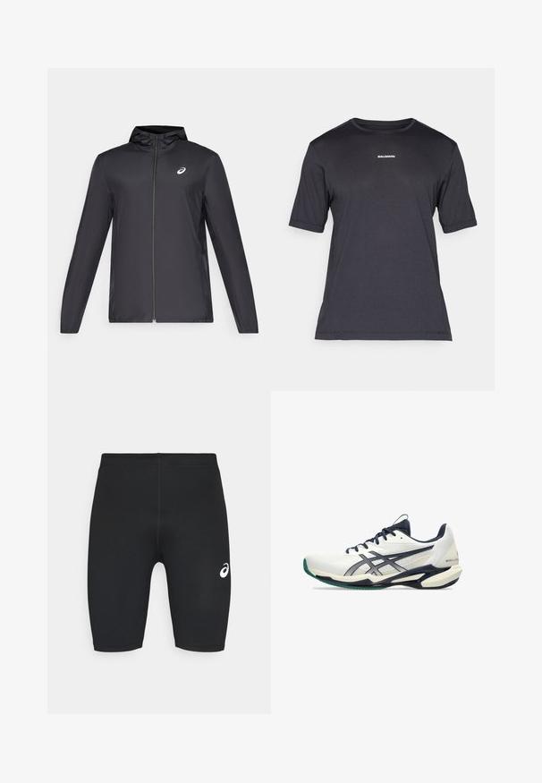 Schwarze, leichte Jacke mit Kapuze, Frontreißverschluss, langen Ärmeln und kleinem Logo auf der Brust. Glattes, wasserabweisendes Material.; Schwarzes Kurzarm-Performance-T-Shirt aus atmungsaktivem Material, mit einem runden Halsausschnitt und kleinem weißen "SALOMON"-Logo auf der Brust.; Schwarze Sportshorts mit glatter Textur, körperbetontem Design und weißem Logo auf der linken Seite. Keine sichtbaren Taschen oder Hardware-Details.; Weißer und marineblauer Sportschuh mit einem atmungsaktiven Mesh-Obermaterial, gemustertem Textur und grünen Akzenten an der Sohle. Für optimale Leistung entwickelt.
