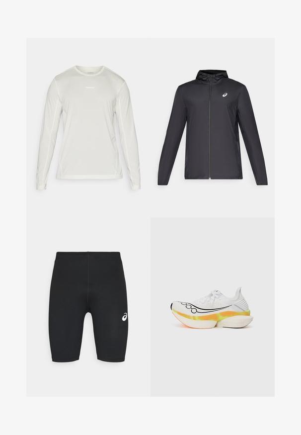 Jachetă ușoară neagră cu glugă, fermoar frontal, mâneci lungi și un mic logo pe piept. Material neted și rezistent la apă.; Salomon SHKOUT CORE TEE - Bluză cu mânecă lungă - icicle; Shorts de sport negri, cu o textură netedă, design aderent și logo alb pe partea stângă. Fără buzunare vizibile sau detalii metalice.; Adidași albi pentru alergare, cu o parte superioară din plasă texturată, design cu swoosh negru și o talpă colorată, stratificată, cu accente portocalii și galbene.