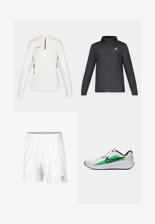 Musta kevyt takki hupulla, edessä vetoketju, pitkät hihat ja pieni logo rinnassa. sileä, vettä hylkivä kangas.; Valkoinen pitkähihaisen urheilupaidassa on neljänneksen vetoketju, mustat yksityiskohdat sivuilla ja punainen Nike-logo vasemmassa rinnassa.; Valkoiset urheilushortsit, jotka on valmistettu kevyestä kankaasta, joustovyötäröllä. Siinä on kaksi sivutaskua ja pieni musta logo helman kohdalla.; Valkoinen urheilukenkä, jossa on vihreä yksityiskohta, musta logo, verkkomateriaali päälliosassa, pehmustettu pohja ja pyöreä korko. Sisältää nauhat ja kontrastiväriä.