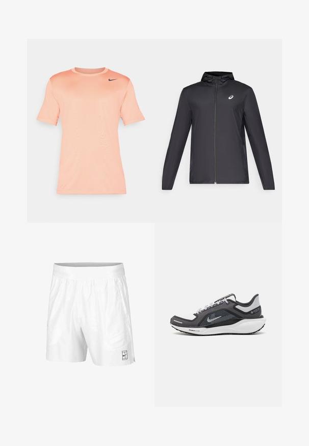 Črna lahka jakna s kapuco, sprednjim zadrgo, dolgimi rokavi in majhnim logotipom na prsih. Gladko, vodoodporno blago.; Nike kratka majica s kratkimi rokavi v svetlo breskovi barvi, izdelana iz gladkega blaga. Ima okroglo ovratnico in črn logotip na zgornji levi strani.; Bele športne kratke hlače iz lahkotnega materiala z elastičnim pasom, ki imajo dva stranska žepa in majhen črn logotip na robu.; Črne in sive atletske čevlje z mrežasto zgornjim delom, odsevnimi detajli in belim srednjim podplatom. Imajo strukturiran gumijast podplat in vezalke.