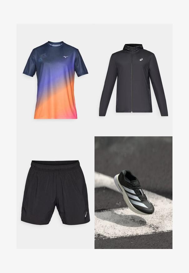 Black lightweight jacket with a hood, front zipper, long sleeves, and a small logo on the chest. Smooth, water-resistant fabric.; Short-sleeve athletic shirt in a gradient of navy, purple, orange, and pink. Features subtle floral pattern and logo on the chest. Smooth fabric.; Black athletic shorts made from lightweight material, featuring an elastic waistband and a small logo on the lower left side.; Black athletic shoe featuring three white stripes, textured upper, sleek design, and a curved sole, positioned above a white line on asphalt.