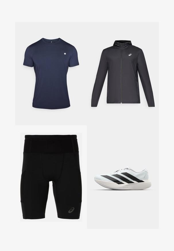 Melns viegls mētelis ar kapuci, priekšējais rāvējslēdzis, gari piedurknes un mazs logo uz krūtīm. Gluda, ūdensizturīga auduma.; Björn Borg ACE - Apdrukāts T-krekls - night sky; Melnas sporta šorti ar pieguļošu dizainu, izgatavoti no gludas materiāla. Iekļauj augstu jostu un mazu logotipu apakšējā kreisajā kājā.; Gaiši zili vieglie skriešanas apavi ar melniem svītrainiem. Iezīmēti ar gludu augšpusi, apaļu purngalu un biezāko balto vidējo zoli, kurā ir uzraksts "LIGHTSTRIKE PRO."