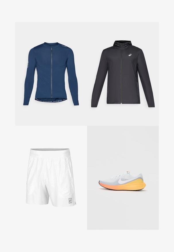Juodas lengvas džemperis su gobtuvu, priekiniais užtrauktukais, ilgomis rankovėmis ir mažai logo ant krūtinės. Lygi, vandeniui atspari medžiaga.; Jūrininkų tamsiai mėlynos spalvos dviratininko marškiniai ilgomis rankovėmis su priekiniais užtrauktukais, logotipo detalė ant peties ir kontrastingas tekstas apatinėje krašto dalyje. Glotnus audinio paviršius.; Balti sportiniai šortai, pagaminti iš lengvos medžiagos, su elastinga juosta, su dviem šoninėmis kišenėmis ir mažu juodu logotipu ant apatinio krašto.; Šviesiai mėlynas bėgimo batelis su orui pralaidžia tinklelio viršutine dalimi. Yra baltas swoosh, oranžinė ir geltona vidurinė dalis bei juodas padas sukibimui.