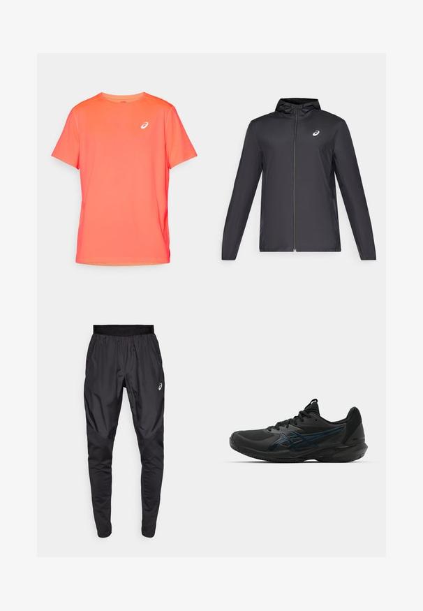 Mustmust mustgaasiga, millega on väike kapuuts, ees lukuga, pikad varrukad ja väike logo rinnal. Sile, veekindel kangas.; Lühikeste varrukatega spordimees, erk koralli värviga, kerge ja siledast kangast, vasakul rinnal valge logo.; Mustavad sportlikud püksid veniva vöökohaga, küljetaskud ja kontrastsed tekstuuripaneelid jalgadel. Asicsi logo puusal.; ASICS SOLUTION SPEED FF 3 CLAY - Savikattega väljaku tennisejalatsid - black/prism blue