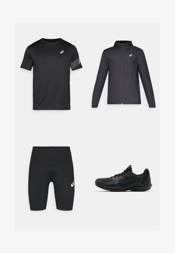 Černá lehká bunda s kapucí, předním zipem, dlouhými rukávy a malým logem na hrudi. Hladká, voděodolná tkanina.; Černé sportovní tričko vyrobené z vlhkost odvádějícího materiálu. Má krátké rukávy, kulatý límec a tečkovaný vzor na pravém rukávu.; Černé sportovní šortky s hladkým povrchem, těsným střihem a bílým logem na levé straně. Žádné viditelné kapsy ani kovové detaily.; ASICS SOLUTION SPEED FF 3 CLAY - Tenisové boty na antuku - black/prism blue