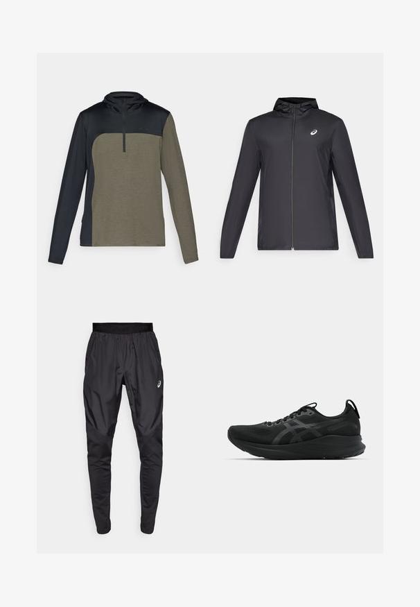 Sort letvægtsjakke med hætte, frontlynlås, lange ærmer og et lille logo på brystet. Glat, vandafvisende stof.; Langærmet pullover med halv-zip, der har en mørkeblå øverste del og en khaki-grøn nederste sektion lavet af et tekstureret, åndbart stof.; Sorte træningsbukser med en strækbar talje, sidelommer og kontrasterende teksturpaneler på benene. Asics-logo på hoften.; Sort atletisk sko med mesh overdel, snørebåndsdesign, forstærket hæl og tekstureret sål. Har diskrete reflekslogo detaljer.