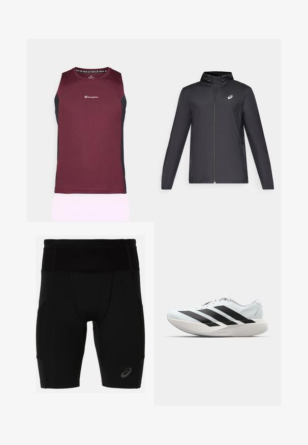 Chaqueta ligera negra con capucha, cierre frontal, mangas largas y un pequeño logo en el pecho. Tela suave y resistente al agua.; Camiseta deportiva color burdeos con paneles laterales negros. Presenta un escote redondo y el logo de Champion en el frente. Fabricada con tejido que aleja la humedad.; Pantalones cortos deportivos negros con un diseño ajustado, elaborados con un material suave. Presentan una cinturilla alta y un pequeño logotipo en la parte inferior de la pierna izquierda.; Zapatillas de running ligeras en azul pálido con rayas negras. Presentan una parte superior suave, puntera redonda y una gruesa mediasuela blanca etiquetada como "LIGHTSTRIKE PRO".