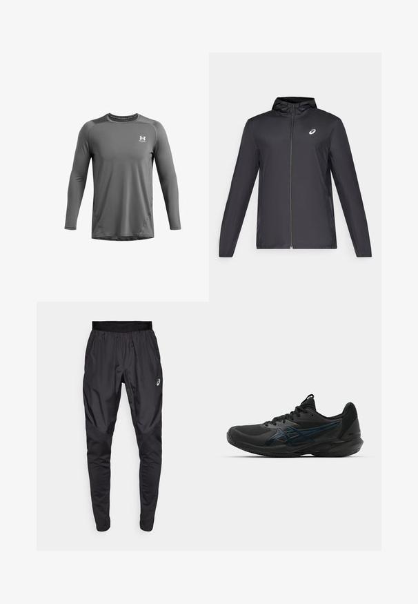 Mustmust mustgaasiga, millega on väike kapuuts, ees lukuga, pikad varrukad ja väike logo rinnal. Sile, veekindel kangas.; Hall grey pikad varrukad treeningpusa ümmarguse kaelusega, millel on õmblusdetailid ja väike valge logo vasakul rinna kohal.; Mustavad sportlikud püksid veniva vöökohaga, küljetaskud ja kontrastsed tekstuuripaneelid jalgadel. Asicsi logo puusal.; ASICS SOLUTION SPEED FF 3 CLAY - Savikattega väljaku tennisejalatsid - black/prism blue