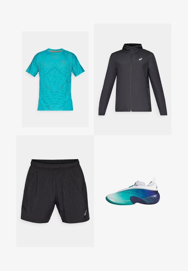 Czarna, lekka kurtka z kapturem, z zamek błyskawicznym z przodu, długimi rękawami i małym logo na klatce piersiowej. Gładki, wodoodporny materiał.; Turkusowa koszulka sportowa z krótkimi rękawami, z teksturowanym, oddychającym siateczkowym wzorem i odblaskowymi akcentami na klatce piersiowej.; Czarne spodenki sportowe wykonane z lekkiego materiału, z elastycznym pasem i małym logo po lewej stronie u dołu.; Sneaker z gradientowym wzorem w odcieniach turkusu i granatu, z gładką syntetyczną cholewką, stylem slip-on oraz teksturowaną gumową podeszwą.