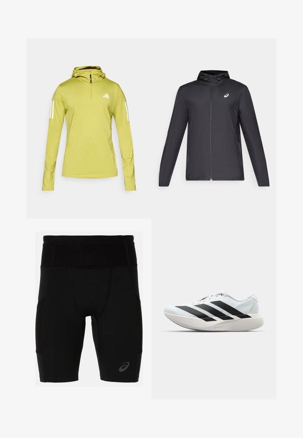 Svart lett jakke med hette, glidelås foran, lange ermer og en liten logo på brystet. Glatt, vannavstøtende stoff.; Lysegrønn langermet hettegenser med halv glidelås, som har hvite striper på ermene og en logo på brystet. Strukturert stretchstoff.; Svartidrettsshorts med en tettsittende design, laget av glatt materiale. Har en høy midje og en liten logo på venstre legg.; Lette løpesko i lys blå med svarte striper. Har en myk overdel, rund tå og tykk hvit mellomsole merket "LIGHTSTRIKE PRO."