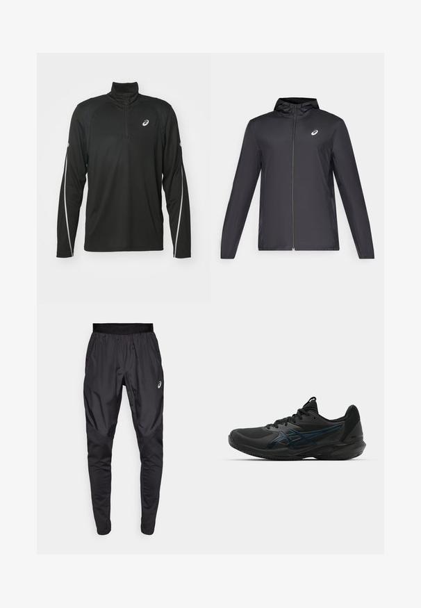 Schwarze, leichte Jacke mit Kapuze, Frontreißverschluss, langen Ärmeln und kleinem Logo auf der Brust. Glattes, wasserabweisendes Material.; Schwarzes Langarm-Sportoberteil mit einem halben Reißverschluss am Kragen, ausgestattet mit reflektierenden weißen Akzenten an den Ärmeln und einem Logo auf der Brust.; Schwarze Sporthosen mit einem dehnbaren Bund, Seitentaschen und kontrastierenden Texturpanelen an den Beinen. Asics-Logo an der Hüfte.; ASICS SOLUTION SPEED FF 3 CLAY - Tennisschuh für Sandplätze - black/prism blue