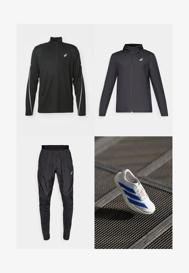 Fekete, könnyű dzseki kapucnival, elöl cipzárral, hosszú ujjú, és egy kisebb logóval a mellkason. Simább, vízálló anyag.; Fekete, hosszú ujjú sportpóló fél cipzáros gallérral, fényvisszaverő fehér díszítéssel az ujjakon és logóval a mellrészen.; Fekete sportnadrág rugalmas derékkal, oldalsó zsebekkel és ellentétes textúrájú panelek a lábakon. Asics logó a csípőn.; Fehér sportcipő kék csíkokkal, könnyű kialakítással, hálós felsőrésszel, fűzős záródással és textúrázott gumitalppal, egy rácsos felület felett lebeg.
