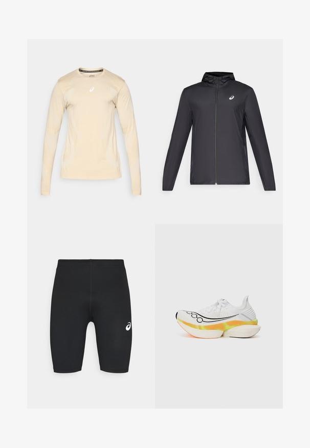 Casaco leve preto com capuz, fecho frontal, mangas longas e um pequeno logotipo no peito. Tecido suave e resistente à água.; ASICS ROAD SEAMLESS TOP - Camisola de manga comprida - cream; Calções de desporto pretos com uma textura suave, design ajustado e logótipo branco no lado esquerdo. Sem bolsos visíveis ou detalhes de hardware.; Sapatilha de corrida branca com parte superior em malha texturizada, design em swoosh preto e uma sola colorida e em camadas com detalhes em laranja e amarelo.