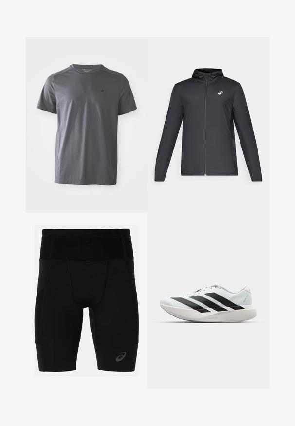 Musta kevyt takki hupulla, edessä vetoketju, pitkät hihat ja pieni logo rinnassa. sileä, vettä hylkivä kangas.; T-paita, jossa on lyhyet hihat, tummanharmaa ja pyöreä kaula-aukko, jossa pieni logo vasemmassa rinnassa. Taustana valkoinen.; Mustat urheilushortsit, joissa on tiukka muotoilu ja sileä materiaali. Varustettu korkealla vyötäröllä ja pienellä logolla vasemmassa alakulmassa.; Kevyt juoksukengät vaaleansinisinä mustilla raidoilla. Ominaisuuksiin kuuluu sileä pinta, pyöreä kärki ja paksu valkoinen välipohja, joka on merkitty "LIGHTSTRIKE PRO".