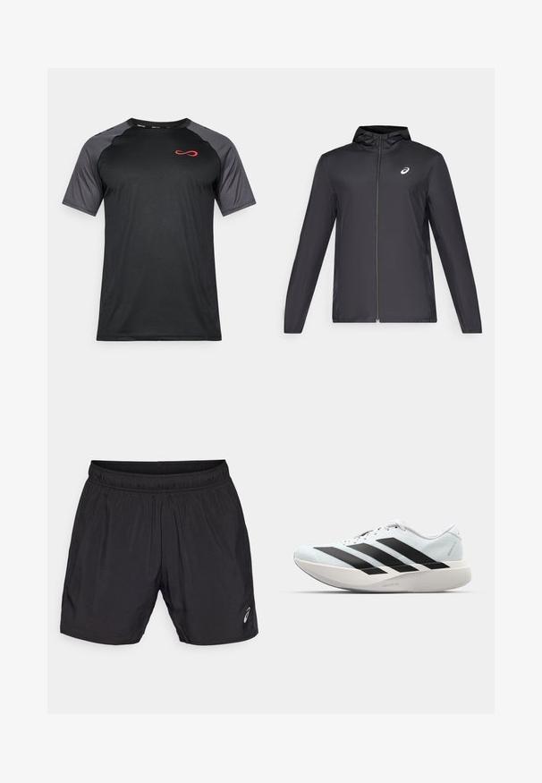 Svart lättviktsjacka med huva, framdragkedja, långa ärmar och en liten logotyp på bröstet. Slät, vattenavvisande tyg.; Svart kortärmad träningströja med gråa meshärmar och en röd logotyp på bröstet, med en figurnära design och fukttransporterande tyg.; Svarta atletiska shorts gjorda av lättviktig material, med resårmidja och en liten logga på nedre vänstra sidan.; Lätta löparskor i ljusblått med svarta ränder. Har en slät ovandel, rund tå och tjock vit mellansula märkt "LIGHTSTRIKE PRO."