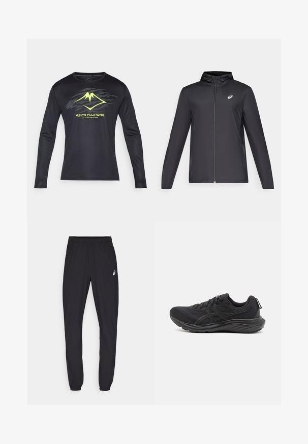 Black lightweight jacket with a hood, front zipper, long sleeves, and a small logo on the chest. Smooth, water-resistant fabric.; ASICS FUJITRAIL LOGO TOP - Long sleeved top - performance black; Black athletic pants with an elastic waistband and fitted cuffs. Features a subtle logo accent on the left thigh. Smooth, lightweight fabric.; Black athletic shoes made from mesh and synthetic materials, featuring a textured upper, lace-up design, and a cushioned sole with a pull tab.