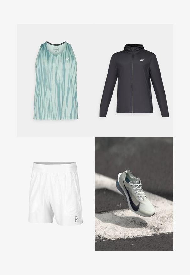 Černá lehká bunda s kapucí, předním zipem, dlouhými rukávy a malým logem na hrudi. Hladká, voděodolná tkanina.; Světle modrý top bez rukávů s tie-dye vzorem se svislými pruhy, kulatým výstřihem a logem. Vyrobeno z prodyšného materiálu.; Bílé sportovní šortky vyrobené z lehkého materiálu s elastickým pasem, mají dvě boční kapsy a malé černé logo na lemu.; Bílé a černé běžecké boty Nike zavěšené nad asfaltovým povrchem s bílými silničními značkami a malými nečistotami.