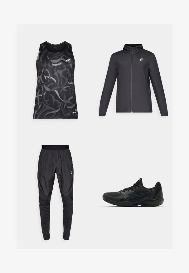 Chaqueta ligera negra con capucha, cierre frontal, mangas largas y un pequeño logo en el pecho. Tela suave y resistente al agua.; Camiseta sin mangas negra de deporte con patrones en espiral en gris y oscuro. Presenta un escote redondo y un pequeño logo en la parte delantera izquierda. Textura suave.; Pantalones deportivos negros con una cinturilla elástica, bolsillos laterales y paneles de textura contrastante en las piernas. Logo de Asics en la cadera.; ASICS SOLUTION SPEED FF 3 CLAY - Zapatillas de tenis para tierra batida - black/prism blue