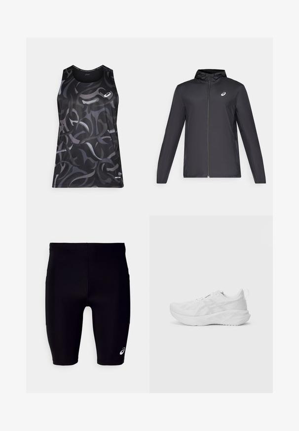 Black lightweight jacket with a hood, front zipper, long sleeves, and a small logo on the chest. Smooth, water-resistant fabric.; Black athletic tank top with swirling grey and dark patterns. Features a round neckline and a small logo on the front left. Smooth texture.; Black athletic shorts made of stretchy material, featuring a tight fit, knee-length design, and a small white logo on the lower side.; White athletic shoe with a textured mesh upper, innovative cushioning, a curved sole, and a pull tab at the heel for ease of wear.