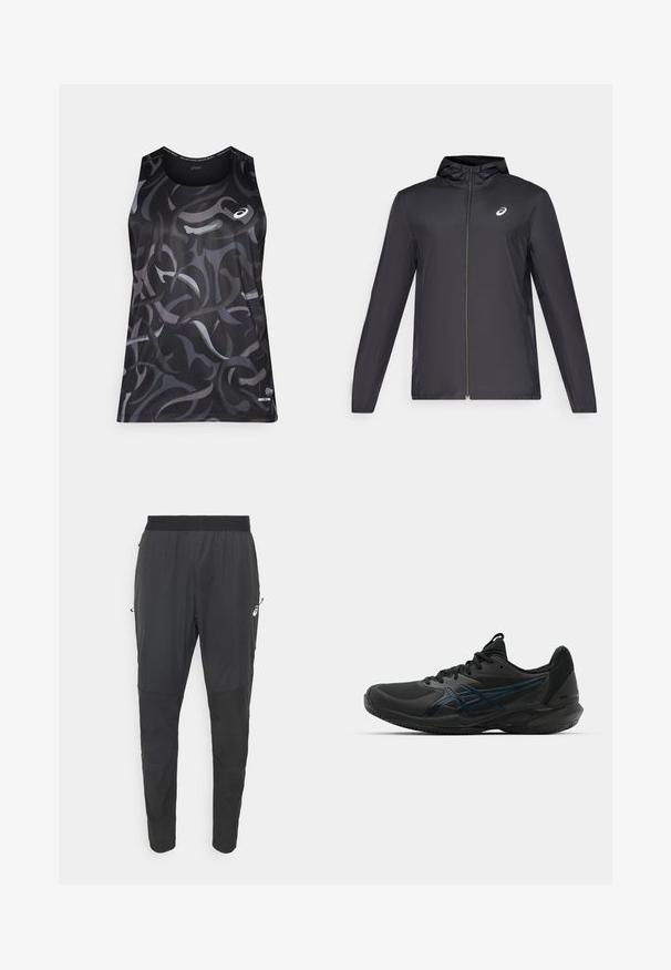 Schwarze, leichte Jacke mit Kapuze, Frontreißverschluss, langen Ärmeln und kleinem Logo auf der Brust. Glattes, wasserabweisendes Material.; Schwarzes sportliches Tanktop mit wirbelnden grauen und dunklen Mustern. Verfügt über einen runden Ausschnitt und ein kleines Logo auf der linken Vorderseite. Glatte Textur.; Schwarze Sporthosen aus leichtem, wasserabweisendem Material, mit einem schmal zulaufenden Design, elastischem Bund und seitlichen Reißverschlusstaschen.; ASICS SOLUTION SPEED FF 3 CLAY - Tennisschuh für Sandplätze - black/prism blue