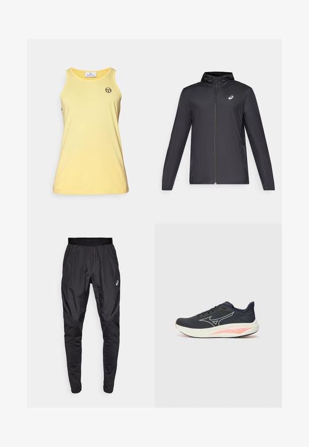 Musta kevyt takki hupulla, edessä vetoketju, pitkät hihat ja pieni logo rinnassa. sileä, vettä hylkivä kangas.; Keltainen tankkitoppi pehmeästä kankaasta, jossa on pyöreä kaula-aukko ja käsivarren aukot. Vasemmassa rinnassa on pieni musta logo.; Mustat urheiluhousut, joissa on joustava vyötärö, sivutaskut ja kontrastiväriset kangaspaneelit jaloissa. Asics-logo lantiolla.; Musta lenkkari, jossa on sileä tekstiilipinta, valkoinen logo, vaaleanpunaiset yksityiskohdat pohjassa ja pyöristetty kärki.