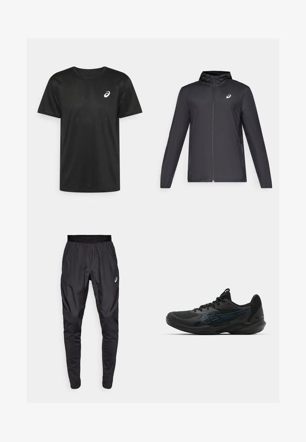 Sort letvægtsjakke med hætte, frontlynlås, lange ærmer og et lille logo på brystet. Glat, vandafvisende stof.; ASICS CORE TOP - Sports T-shirts - performance black; Sorte træningsbukser med en strækbar talje, sidelommer og kontrasterende teksturpaneler på benene. Asics-logo på hoften.; ASICS SOLUTION SPEED FF 3 CLAY - Tennissko til grusbane - black/prism blue