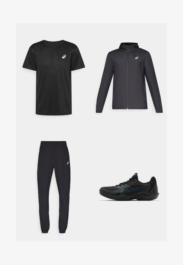 Schwarze, leichte Jacke mit Kapuze, Frontreißverschluss, langen Ärmeln und kleinem Logo auf der Brust. Glattes, wasserabweisendes Material.; ASICS CORE TOP - Sport T-Shirt - performance black; Schwarze Sporthosen mit elastischem Bund und engen Bündchen. Mit einem dezenten Logo-Akzent auf dem linken Oberschenkel. Glattes, leichtes Material.; ASICS SOLUTION SPEED FF 3 CLAY - Tennisschuh für Sandplätze - black/prism blue