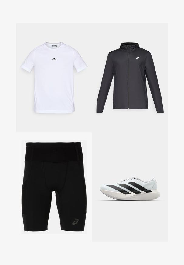 Svart lett jakke med hette, glidelås foran, lange ermer og en liten logo på brystet. Glatt, vannavstøtende stoff.; Hvit kortermet treningstrøye laget av lett materiale. Har en subtil svart logo på brystet og ergonomisk sømdesign for komfort.; Svartidrettsshorts med en tettsittende design, laget av glatt materiale. Har en høy midje og en liten logo på venstre legg.; Lette løpesko i lys blå med svarte striper. Har en myk overdel, rund tå og tykk hvit mellomsole merket "LIGHTSTRIKE PRO."