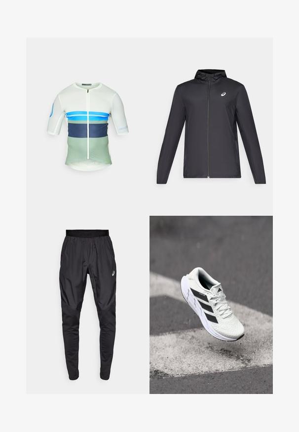 Chaqueta ligera negra con capucha, cierre frontal, mangas largas y un pequeño logo en el pecho. Tela suave y resistente al agua.; Jersey de ciclismo de manga corta en blanco, azul y verde con cremallera completa, paneles laterales de malla y patrón de bloques de color horizontal.; Pantalones deportivos negros con una cinturilla elástica, bolsillos laterales y paneles de textura contrastante en las piernas. Logo de Asics en la cadera.; Zapatilla deportiva blanca con parte superior de malla texturizada, rayas negras, cierre de cordones y suela acolchada, levitando sobre una superficie de carretera marcada.